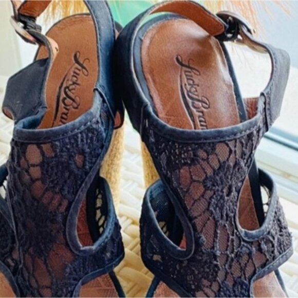 LUCKY BRAND Crochet Cut Out Riedel Ranette Wedge Sandals- Black - Picture 9 of 9